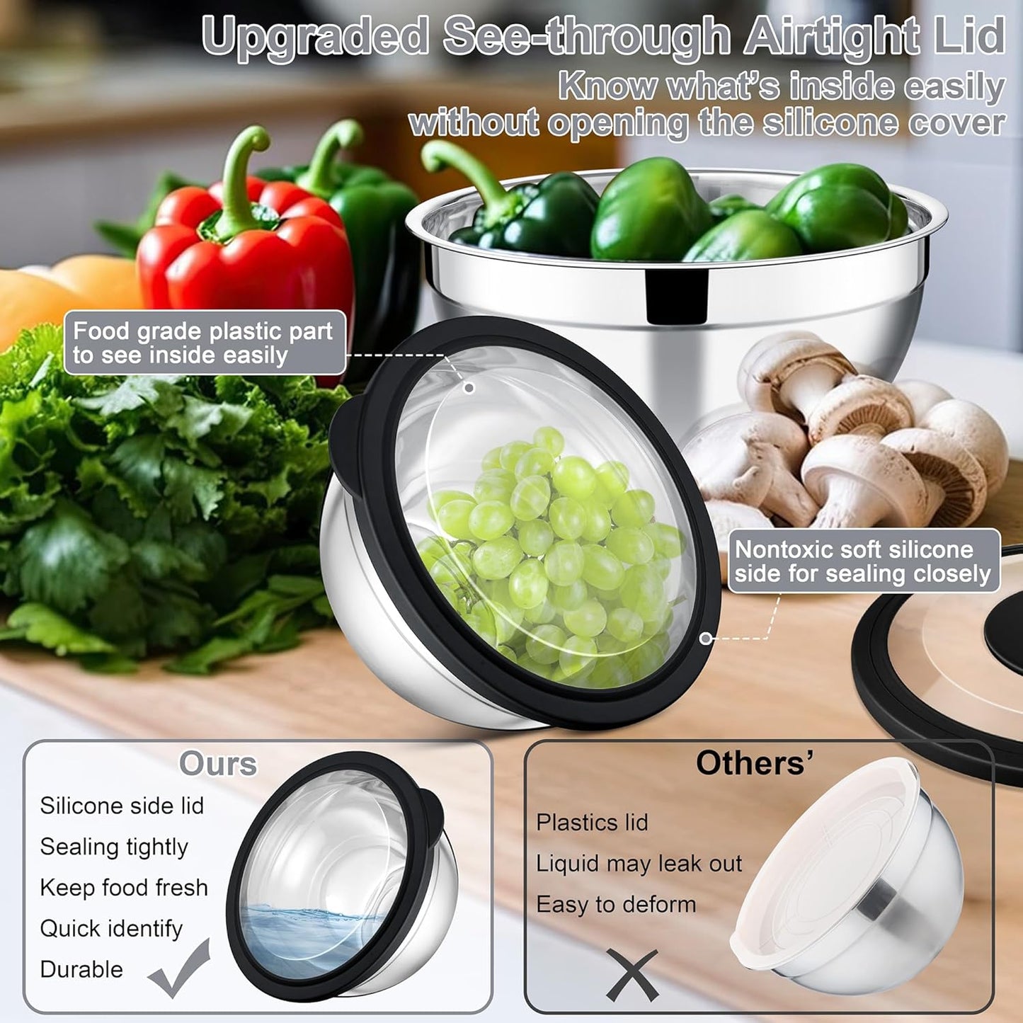 E-far Mixing Bowls with Lids and Graters, Stainless Steel Salad Mixing Bowl with Transparent Lid Set of 3, Metal Nesting Salad Storage for Kitchen Prepping/Serving/Baking, 4.6/2.6/1.5QT - Black