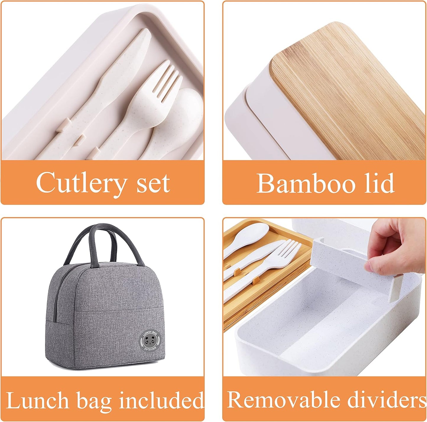 Japanese Bamboo Bento Box with Compartments and Utensils Stackable Lunch Box Includes Lunch Bag for Meal Prep Beige
