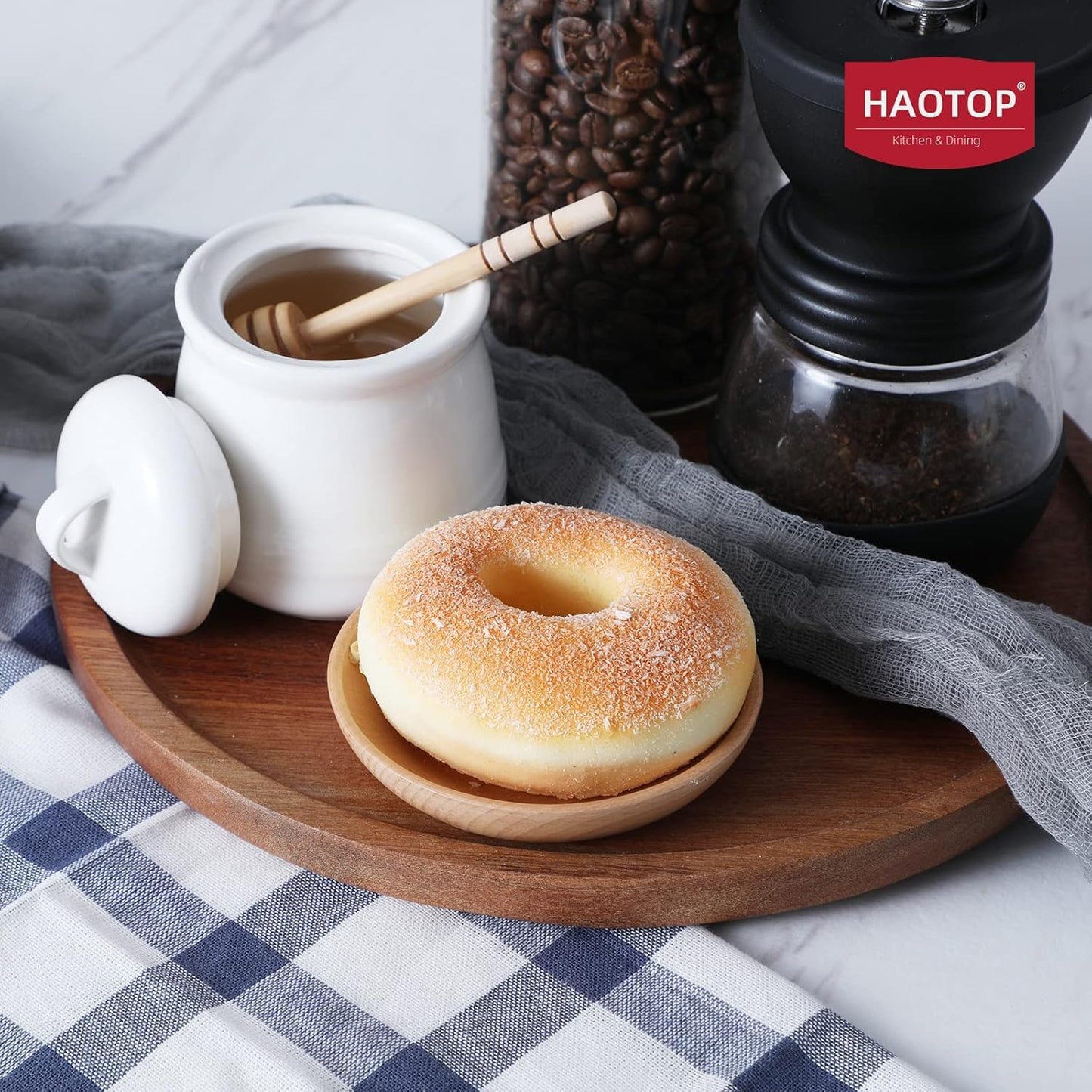 HAOTOP Ceramic Honey pot with Lid and Honey Dipper,Porcelain Honey Jar Easy to Clean and Dishwasher Safe,12oz (White)