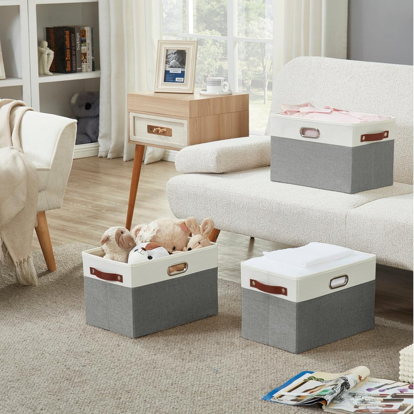 Large Collapsible Fabric Storage Bins with 3 Handles, Foldable Organizer Baskets for Closet, Shelves, Living Room | 3 Pack, Durable PU & Metal Handles (14.9"x9.8"x9.8", Gray & White)