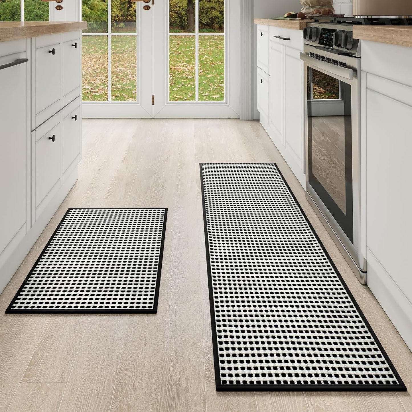 Kitchen Mat Kitchen Rugs Sets of 2 PCS Non Slip Washable, Super Absorbent Soft Braided Kitchen Mats for Floor, Rubber Backing Comfort Standing Kitchen Sink Mat Runner Rug, Black 17"x28"+17"x59"
