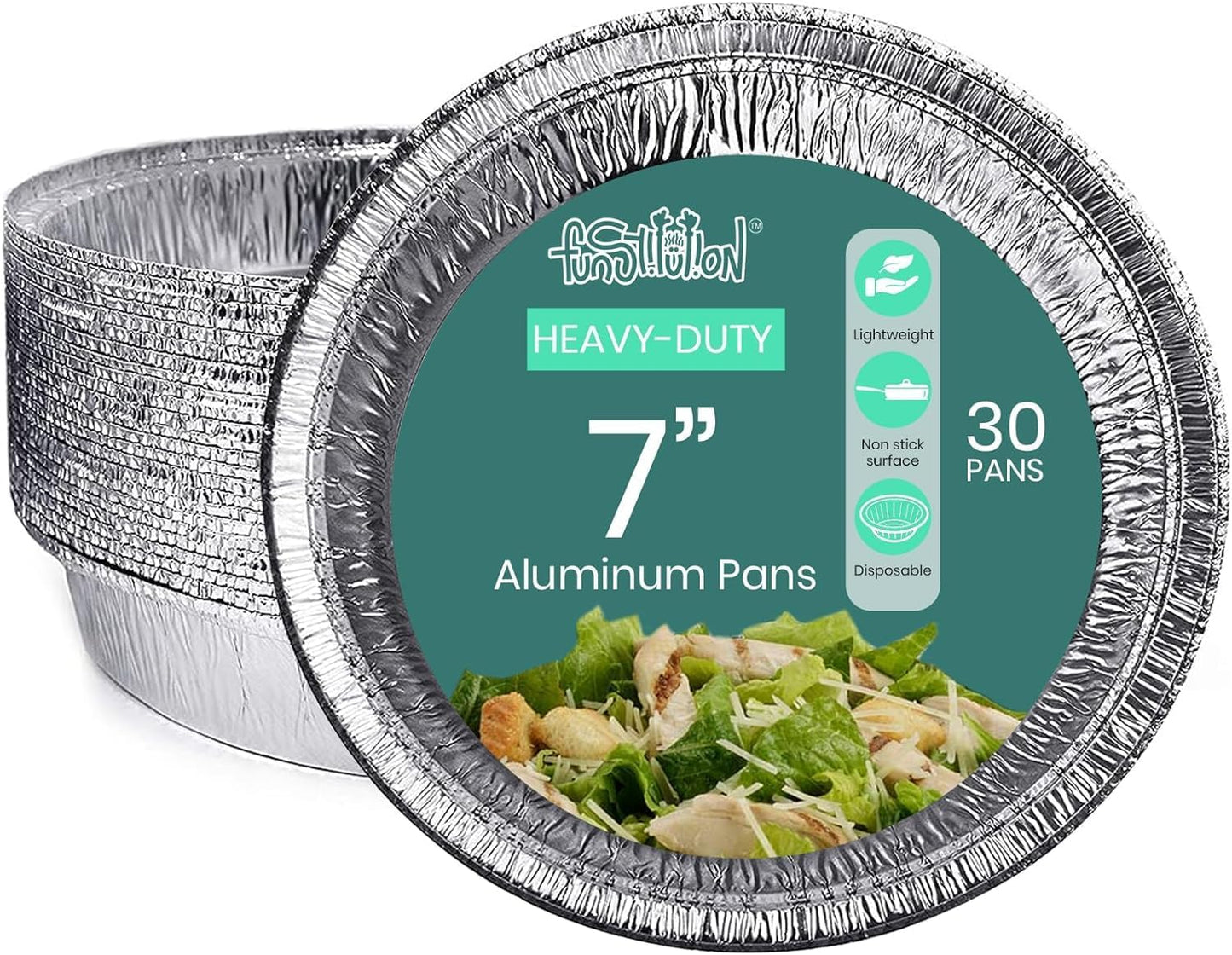 FUNSTITUTION Round Disposable Aluminum Pie Pans (30 Pack) - 7 Inch Disposable Pie Pans - Round Aluminum Foil Pans For Baking, Grilling, Cooking, Storing, Prepping