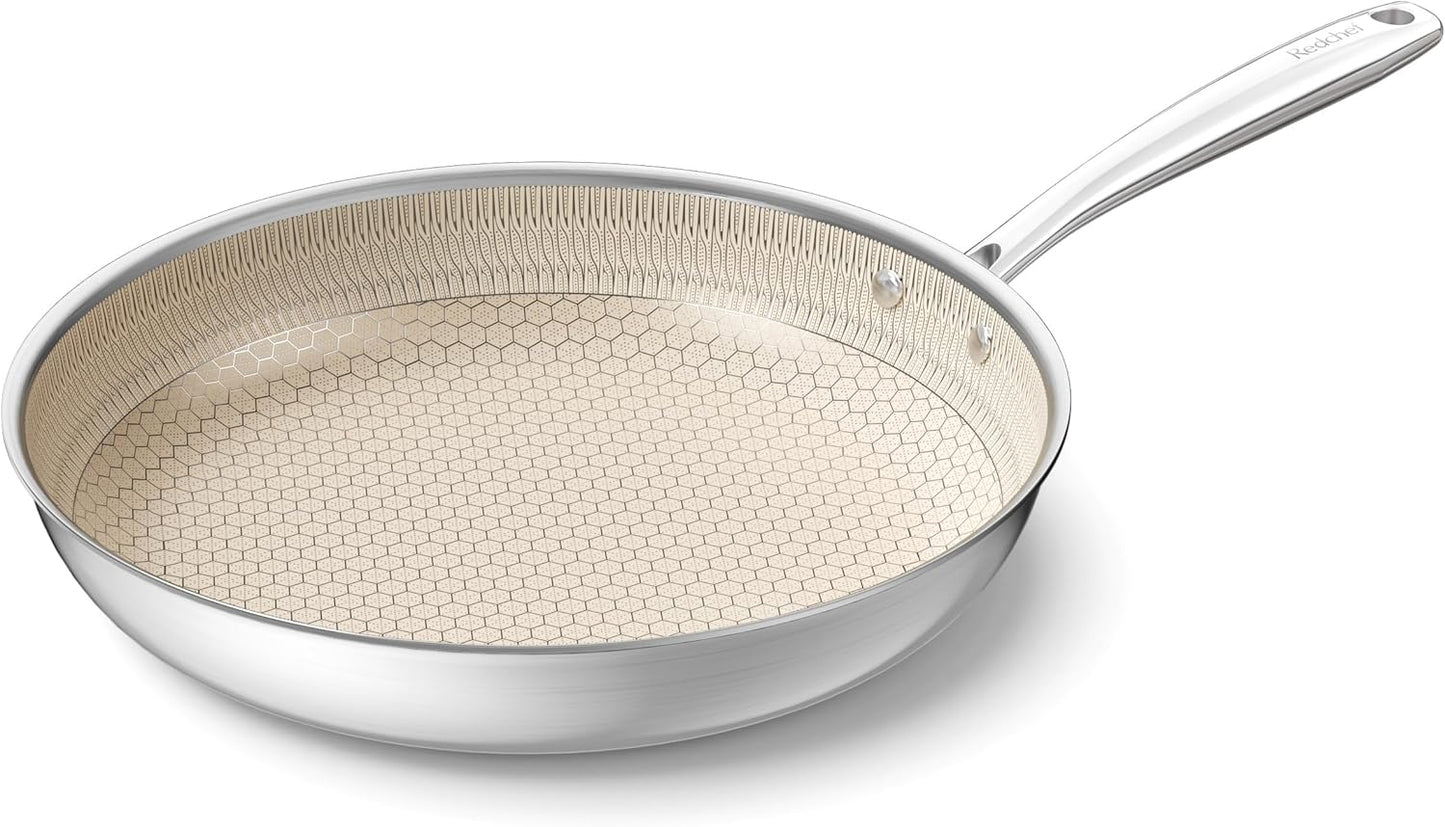 Redchef Non Stick Frying Pans, Hybrid 12 Inch Ceramic Frying Pan, Tri-Ply Stainless Steel Skillet, Non Toxic, PFAS PFOA & PTFE Free, Dishwasher & Oven Safe, Compatible with All Cooktops