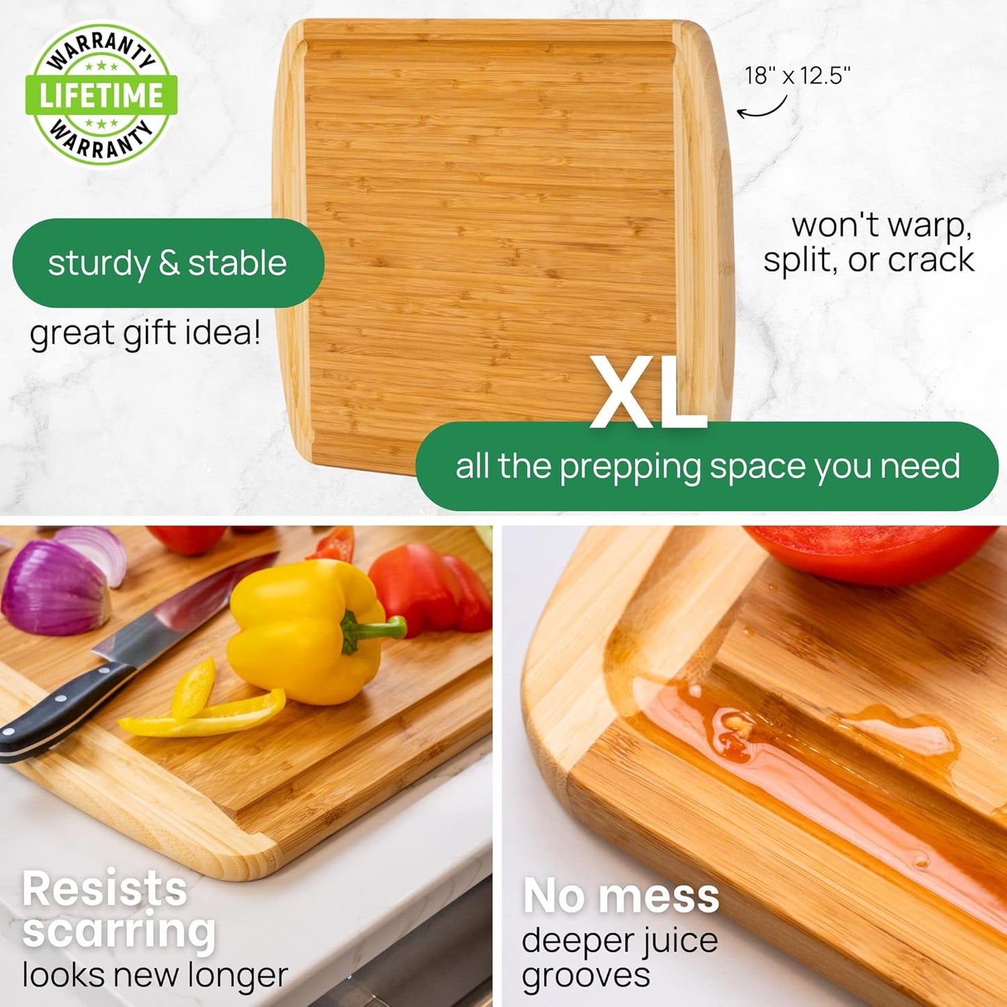 FSC® Certified Organic Extra Large Bamboo Cutting Board – 18 x 12.5 Inch – Reversible Wood Non Toxic Cutting Boards for Kitchen Prep, Meat, Charcuterie & Serving, Lifetime Replacments