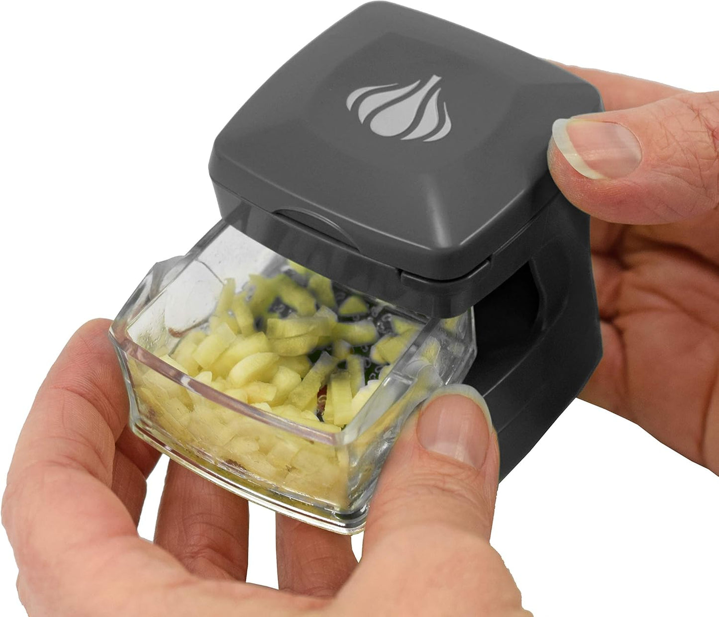 Garlic-A-Peel Garlic Press, Crusher, Cutter, Mincer, and Storage Container - Includes Silicone Garlic Peeler - Easy to Clean - Stainless Steel Blades – (Grey), standard