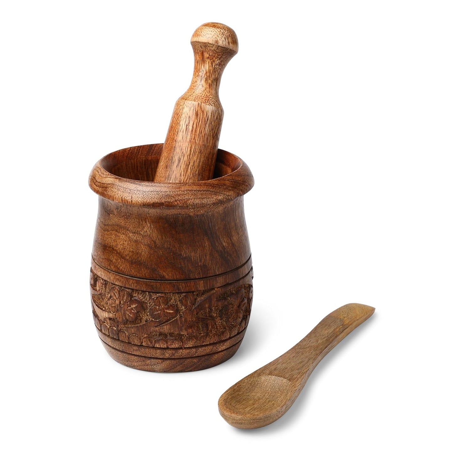 GoCraft Wooden Carved Mortar and Pestle | Grinder for Herbs, Spices and Kitchen Usage, Natural Mango Wood Engraved | Handmade Mortar and Pestle - 3.5 in