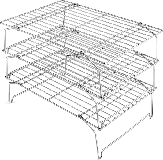 15IN x 10IN Cooling Baking Rack Set of 3, Leonyo 3-Tier Stackable Stainless Steel Wire Baking Cooking Racks Set for Cookie, Pizza, Cup Cake, Raised & Folding Feet
