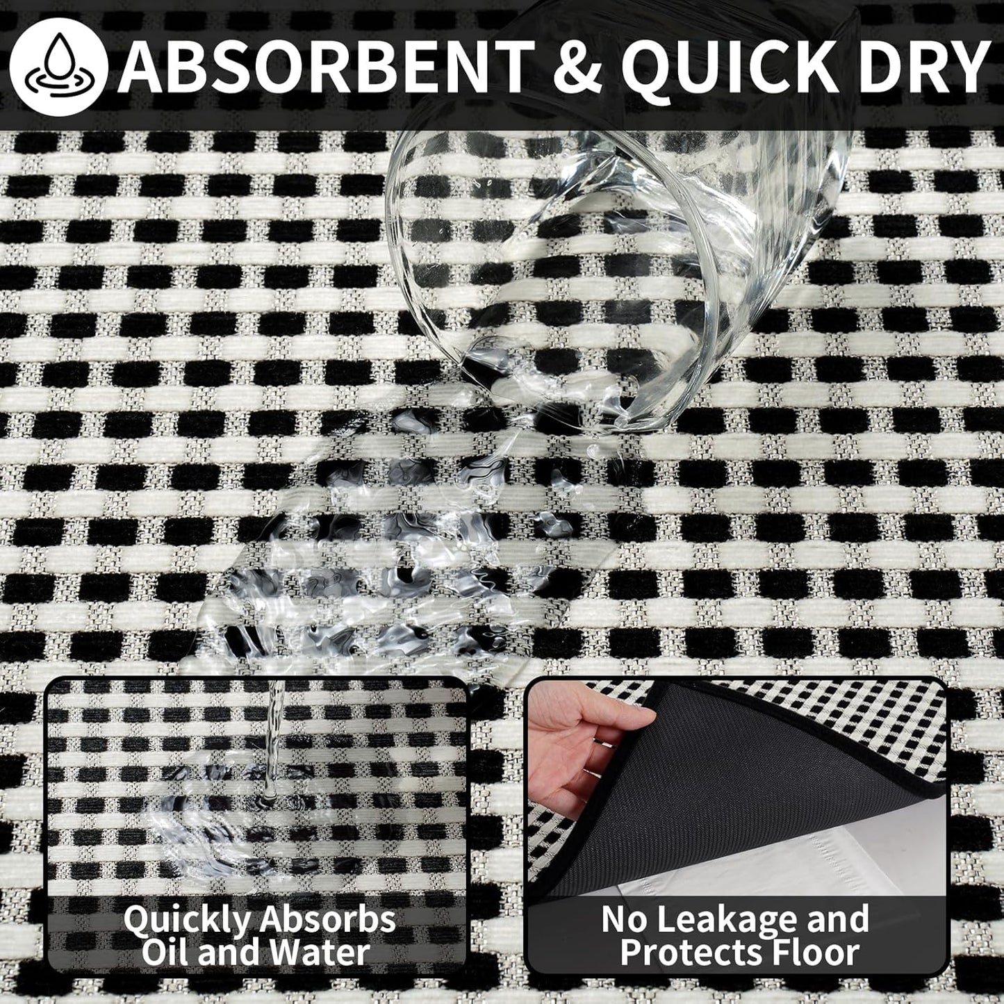 Kitchen Runner Rugs Non Slip Washable, Super Absorbent Soft Chenille Braided Kitchen Mats for Floor Rubber Backing Sink Mat Standing Hallway Floor Mat, Easy Clean, Black 17"x59"