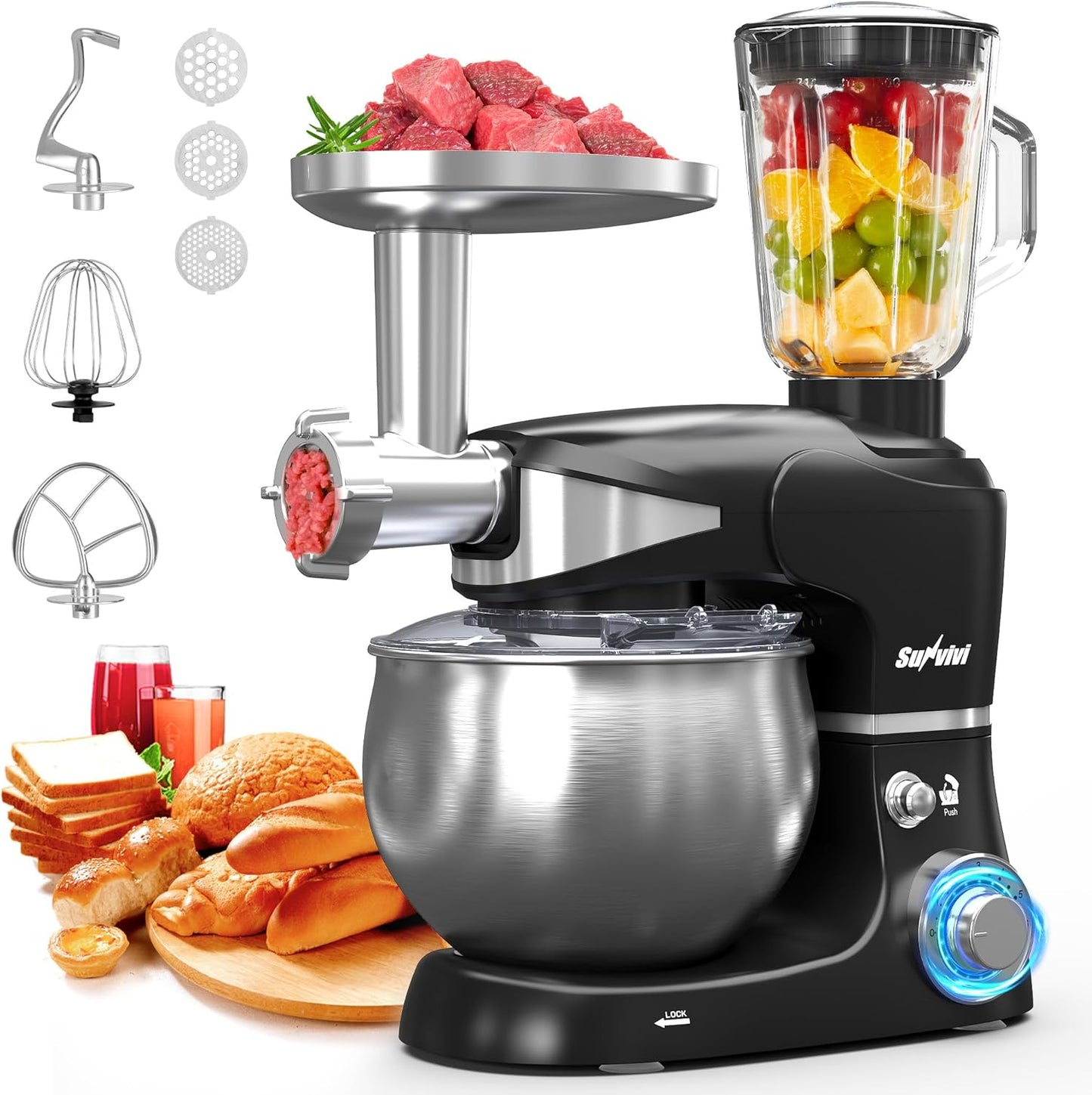 Sunvivi 3-in-1 Multifuctional Stand Mixer: 400W Kitchen Electric Mixer, Tilt-Head, 6.5QT Dough Mixer Machine with Stainless Steel Bowl, Meat Grinder, Juice Blender – Ideal for Baking, Cooking