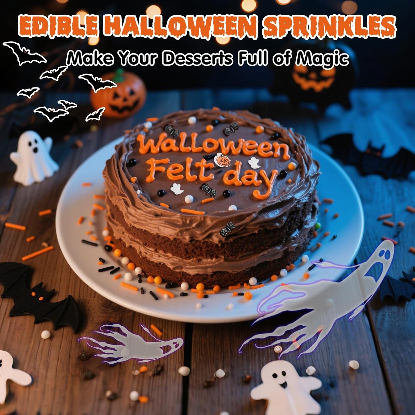 Edible Halloween Pumpkin Sprinkles,Orange Pearls Mix White Ghost,130g/4.58oz,Black Bat Monster,Pearls and Jimmies Mixed,Perfect for Cake Decorations, Baking, Ice Cream, Cookies, Cupcake Topper,Halloween Supplies Children's Party