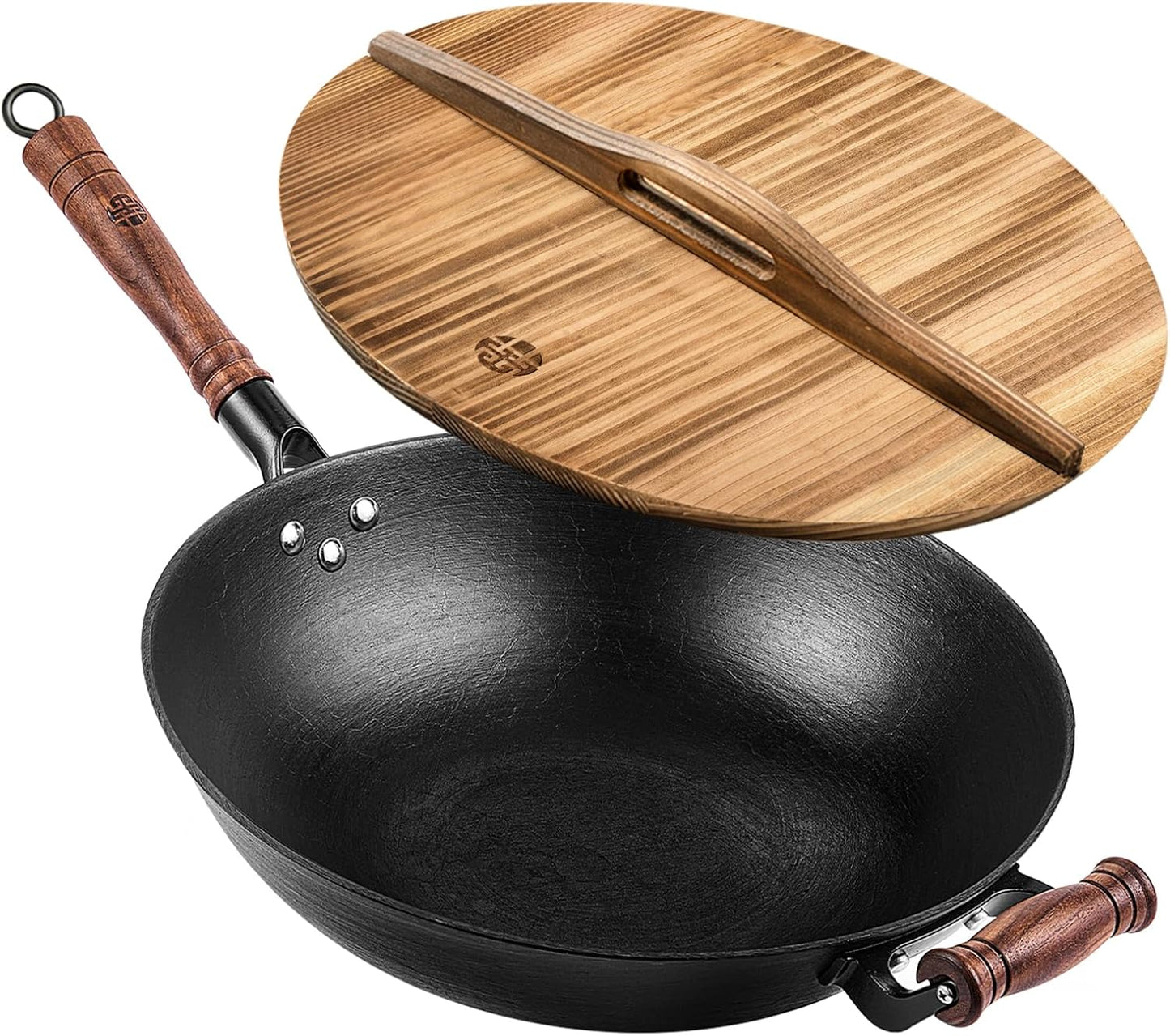 WANGYUANJI 14.2 Inch Cast Iron Wok with Lid – Flat Bottom Chinese Stir Fry Pan, Handcrafted Non-Coated Iron Cookware for Induction, Gas & Electric Stoves, Black