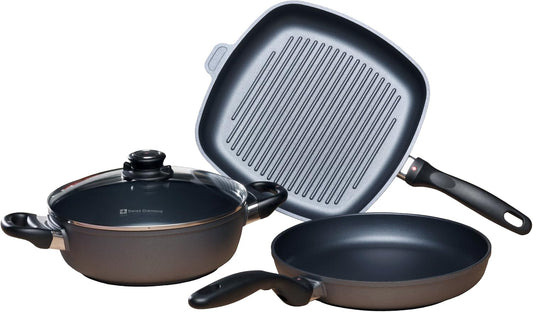 Swiss Diamond 4-Piece Set Nonstick Diamond Coated Aluminum W/Lid Casserole Pan & Grill Fry Pan, Dishwasher/Oven Safe Grey