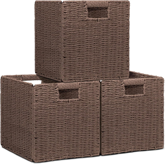 Wicker Storage Baskets for Organizing, 3 Pack Rustic Foldable Square Basket for Shelves, Handwoven Cubby Organizer Bins for Home Decor, Small Cube Storage Bin for Closet Organization (Brown 11 inch)