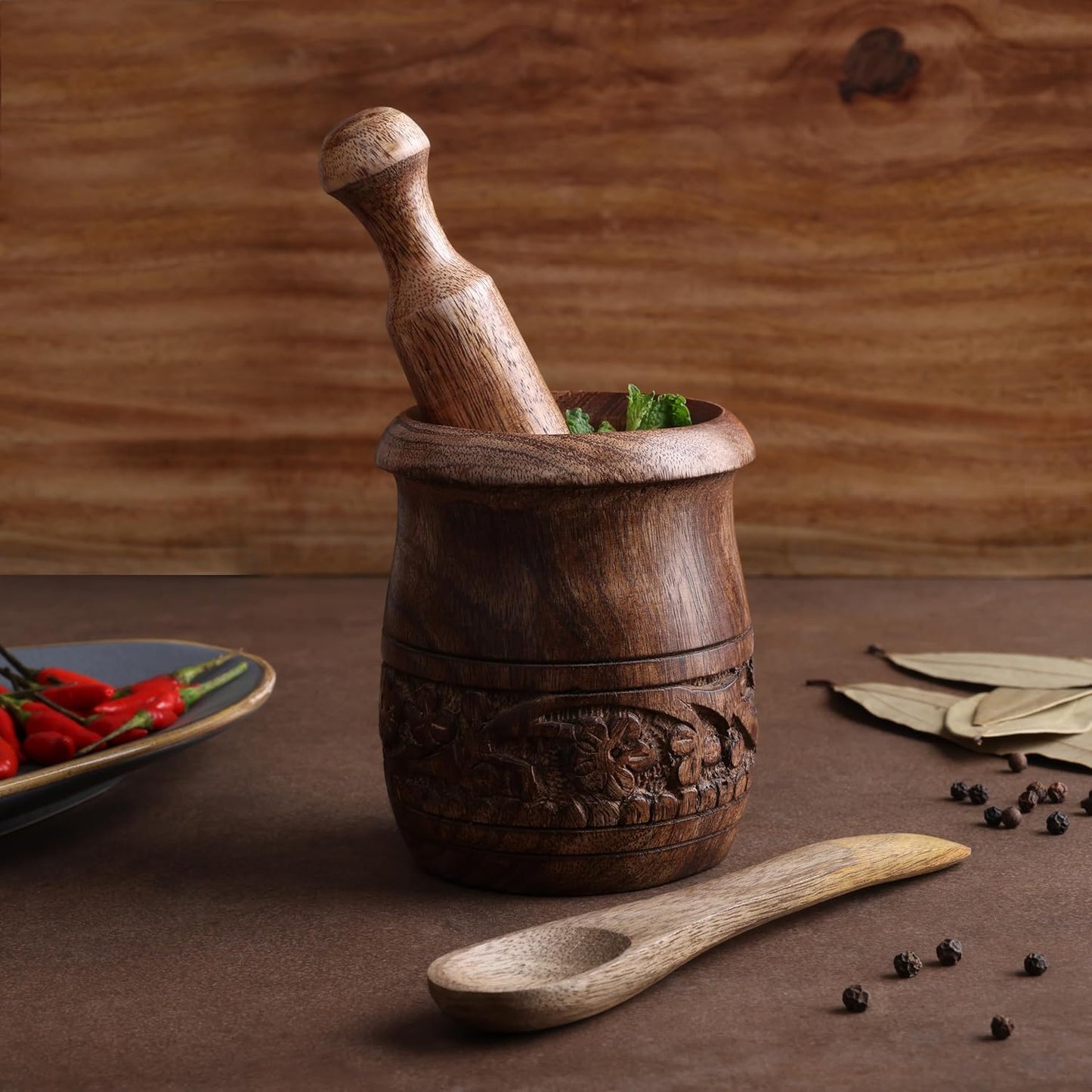 GoCraft Wooden Carved Mortar and Pestle | Grinder for Herbs, Spices and Kitchen Usage, Natural Mango Wood Engraved | Handmade Mortar and Pestle - 3.5 in