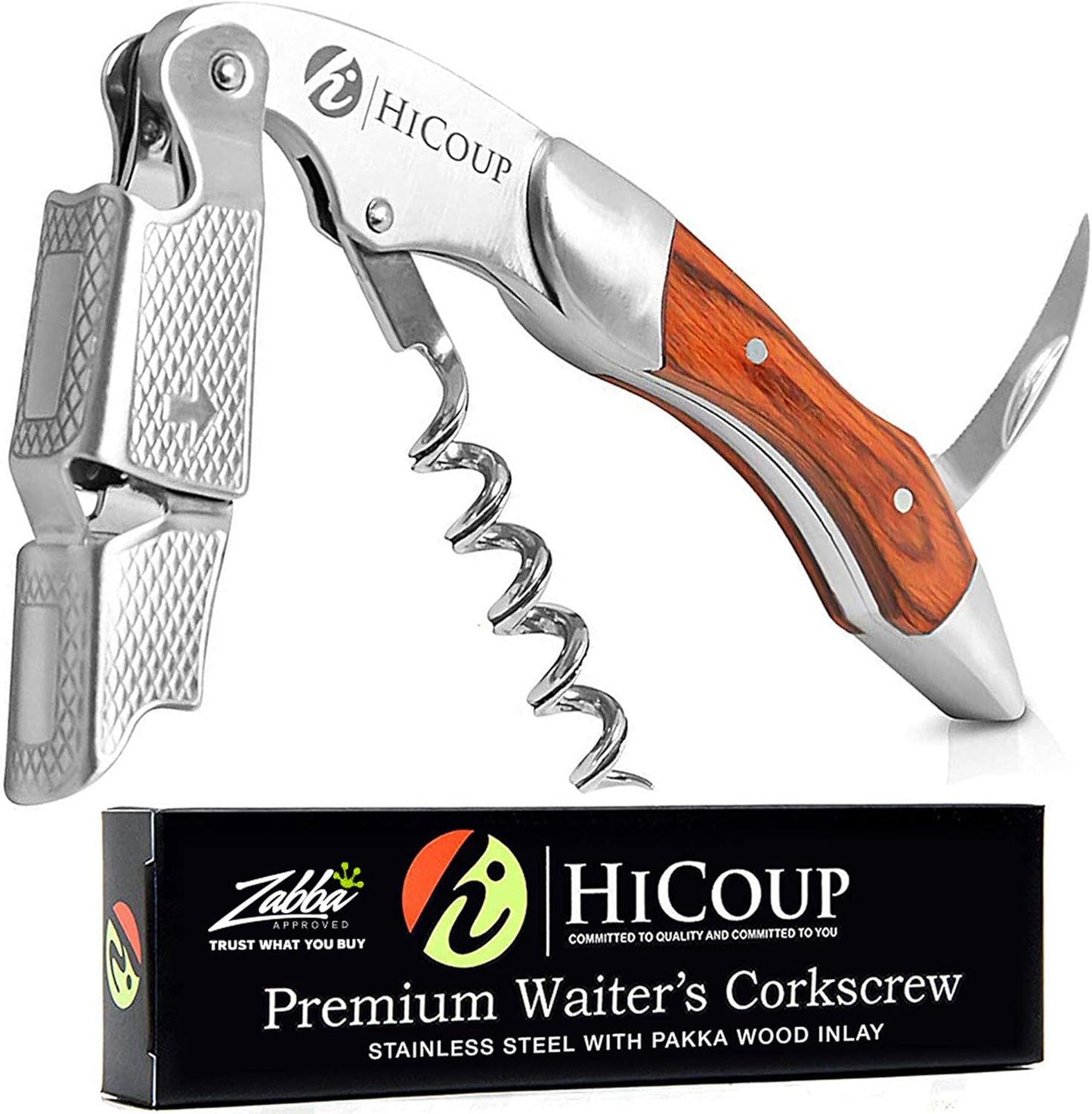 Hicoup Wine Opener - Professional Corkscrews for Wine Bottles w/Foil Cutter and Cap Remover - Manual Wine Key for Servers, Waiters, Bartenders and Home Use - Stainless Steel With Pakka Wood Inlay