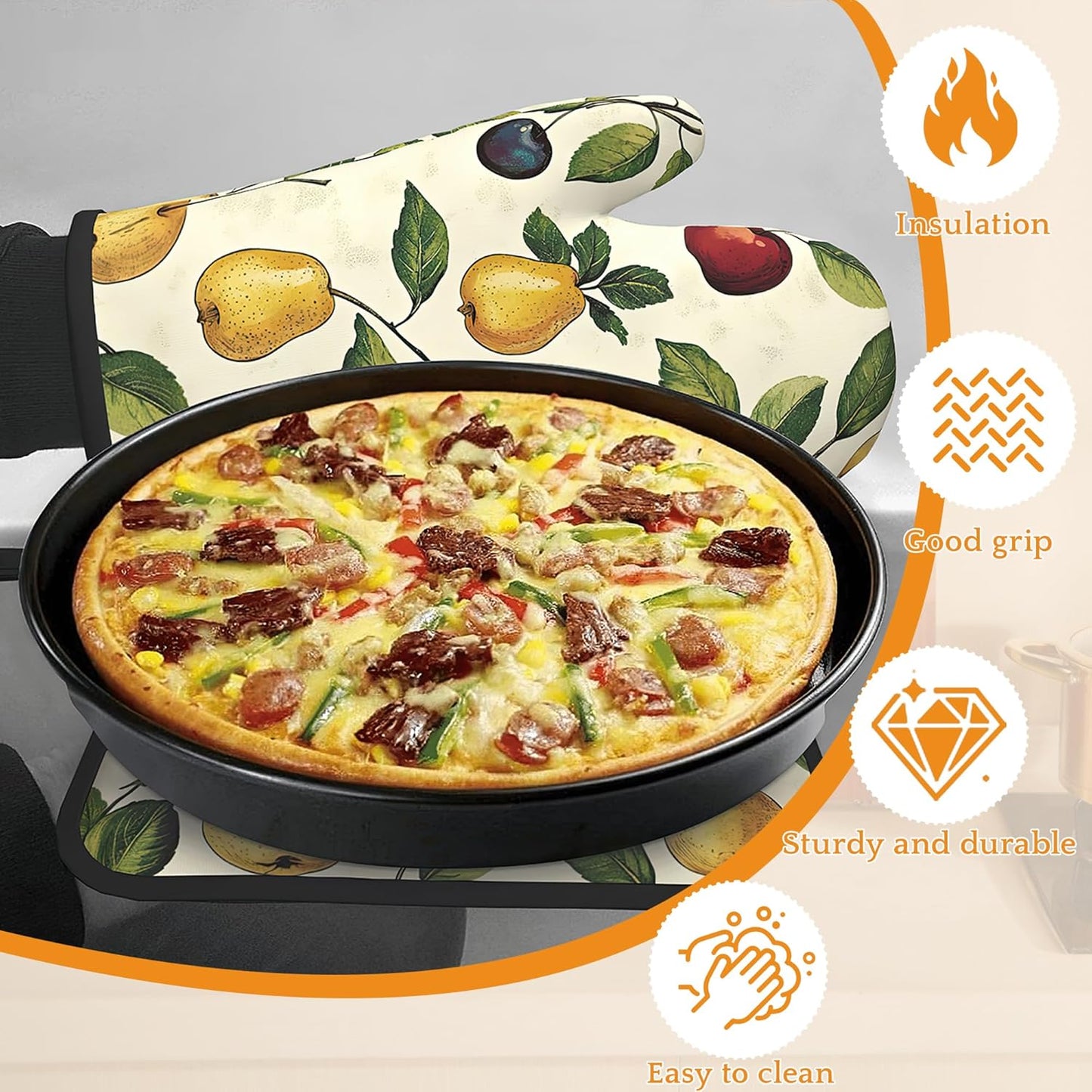 Retro Fruit Oven Mitts and Pot Holders Set,Cherry Kitchen Oven Gloves and Pot Holder with Heat Resistant Non Slip for Cooking Baking Grilling(4 Piece Set)