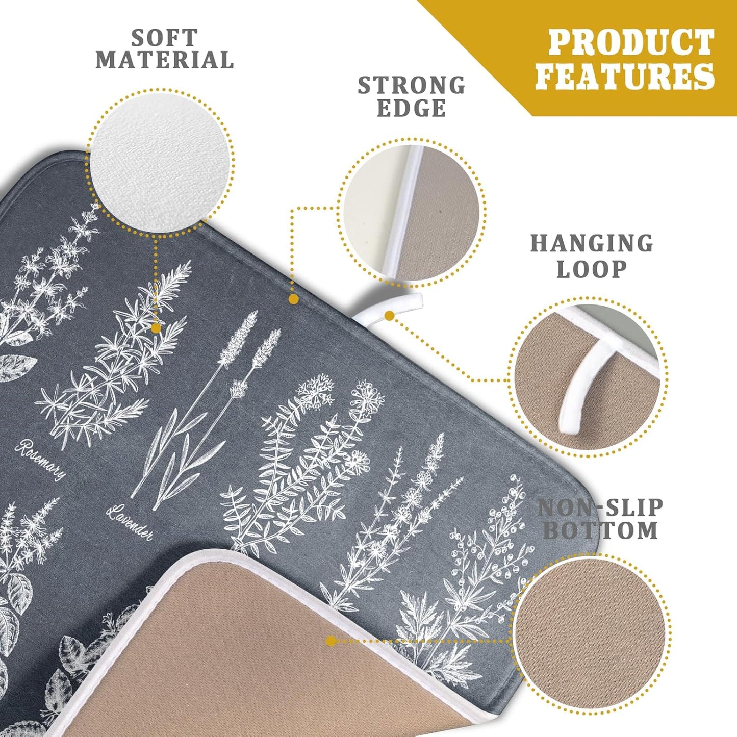 Flower Herbs Dish Drying Mat Wild Plant Dish Rack Mat with Hanging Loop Fast Dry Dish Drainer Pad for Kitchen Counter Sink 16x18 Inch