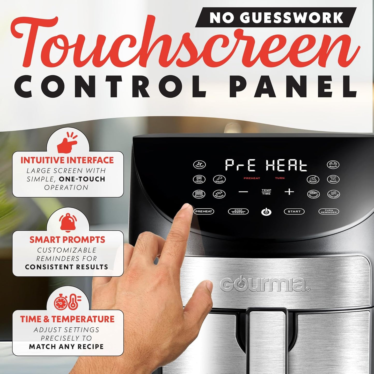 Gourmia Digital Air Fryer – 7 QT, FryForce 360° Technology, 10 Presets, Guided Cooking Prompts, Auto Shut-Off, Dishwasher Safe Basket, 1500W, black/Stainless Steel