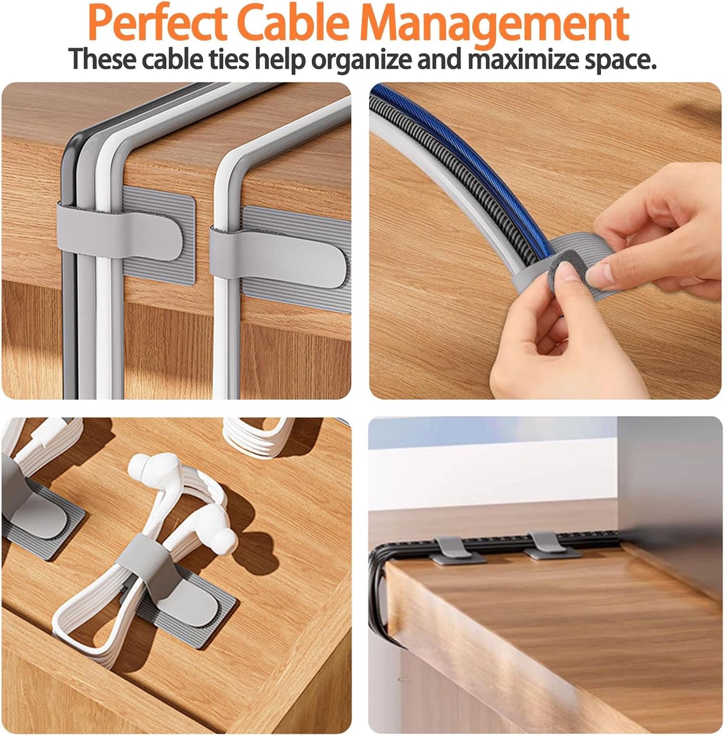 Hook and Loop Cable Straps, Cable Management Under Desk, Adjustable Cord Organizers for Desk, Self Adhesive Cable Ties, Cable Clip,Home Office Essentials, 50PCS (Black+Grey)