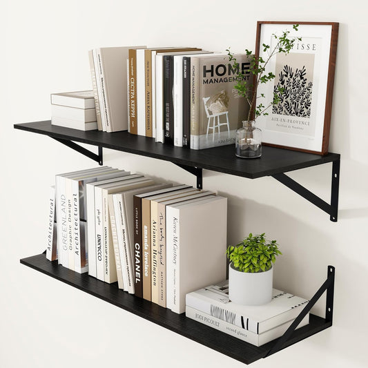 Heimlove Black Deep Floating Shelves for Wall, 36W x 12D Wood Wall Shelves Set of 2, Wide Floating Bookshelf for Living Room, Kitchen, Office, Bedroom and Decor Storage, with Metal Bracket - Black