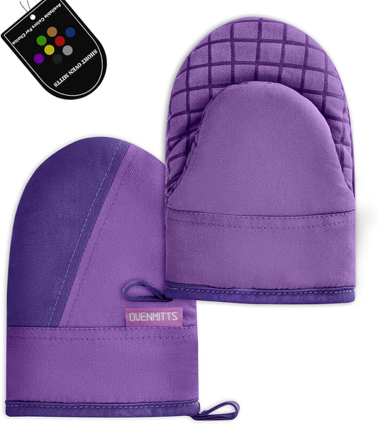Mini Oven Mitts, Kitchen Oven Gloves Kitchen Mittens 500 Degrees Heat Resistant Baking Gloves, Non-Slip Silicone Surface with Hanging Loops Hot Gloves for Cooking, Baking, BBQ 1 Pair-Purple