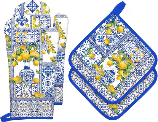 Yellow Lemon Oven Mitts and Pot Holders Sets 4Pcs, 100% Cotton Heat Resistant, Extra Long Oven Gloves Potholder for Kitchen Cooking Baking Decoration
