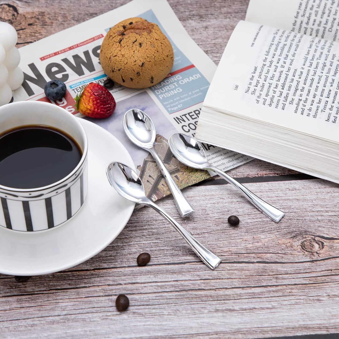 WDF 300 Pieces Plastic Silver Mini Spoons - 4 Inches Silver Plastic Tasting Spoons for Desserts, Heavy Duty Disposable Spoons Perfect for Coffee, Cake, Desserts, Appetizers for Wedding/Party