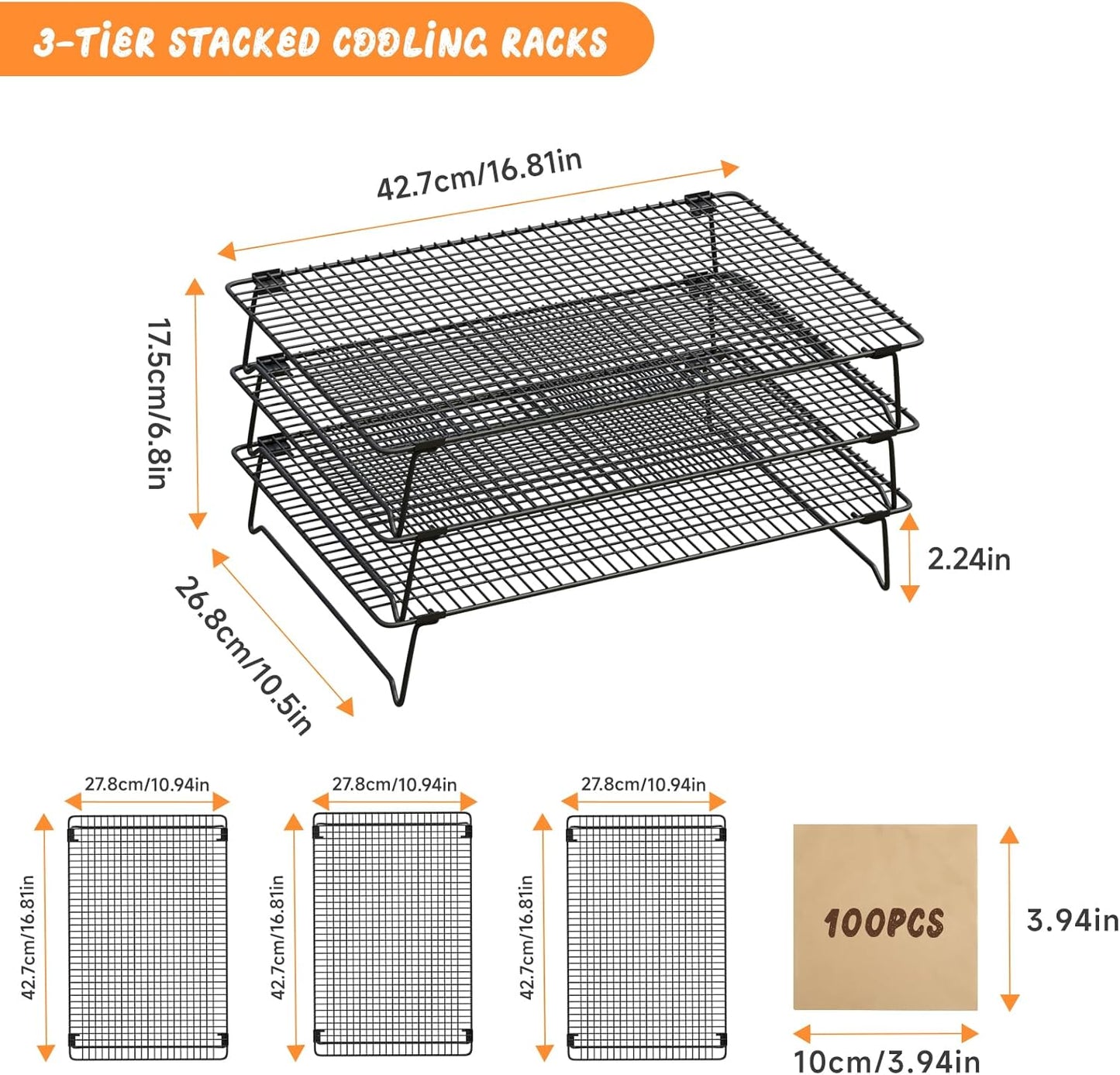 SHOUNAJIA Cooling Rack for Cooking and Baking, 3-Tier Stackable Wire Cooling Rack with Legs for Cooling Cookie, Pizza, Cake, Baking Paper 100 Pcs, 17" x 11", L