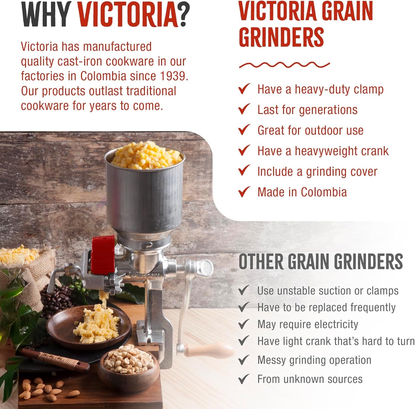 Victoria Manual Cast Iron Grain Mill with High Hopper, Premium Corn-Grinding Mill and Grain Grinder, Made in Colombia