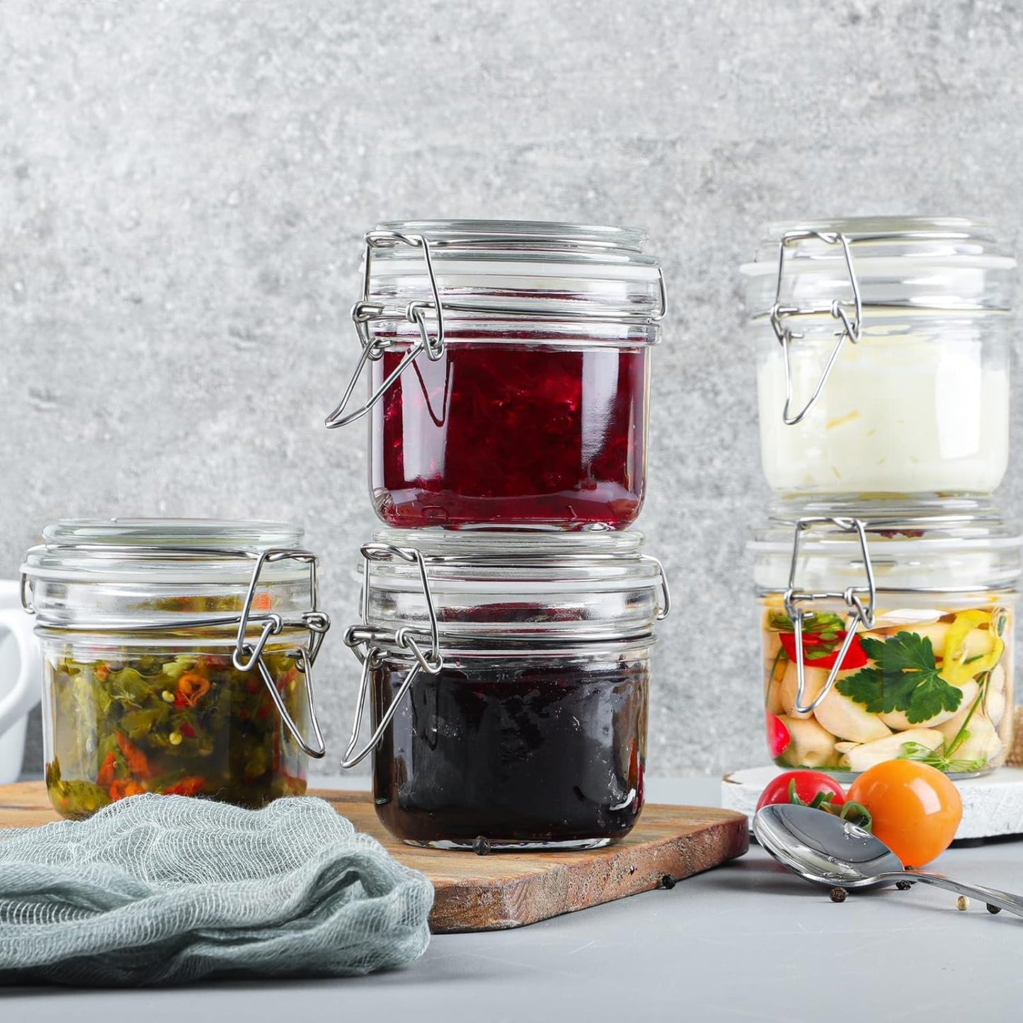 Folinstall 7 oz Glass Jars with Airtight Lids 12 Pcs, Small Mason Jars with Hinged Lids for Kitchen Storage, Canning and Pantry, Includes 3 Replacement Silicone Gaskets and Chalkboard Labels