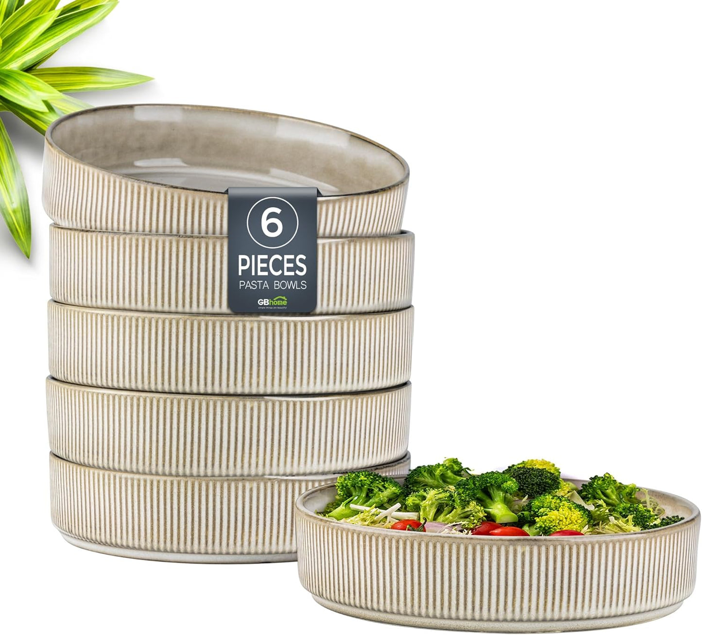 GBHOME 7.5'' Stoneware Pasta Bowls, Serving Bowls Set of 6 for Kitchen, Double Reactive Glaze Bowls for Fruit,Pasta,Salad,Oatmeal,Meal, Microwave Safe (6 pcs)