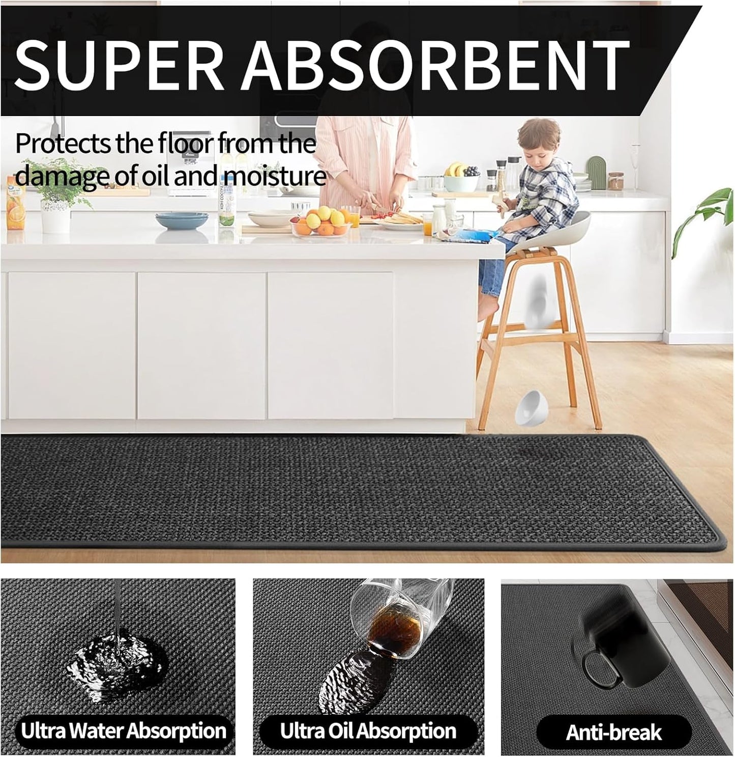 Kitchen Mats for Floor, Super Absorbent Kitchen Rugs Non Slip Washable, Soft Imitation Linen Braided Kitchen Runner Rug, Standing Mat Sink Mat, Easy to Clean, Black 17x47