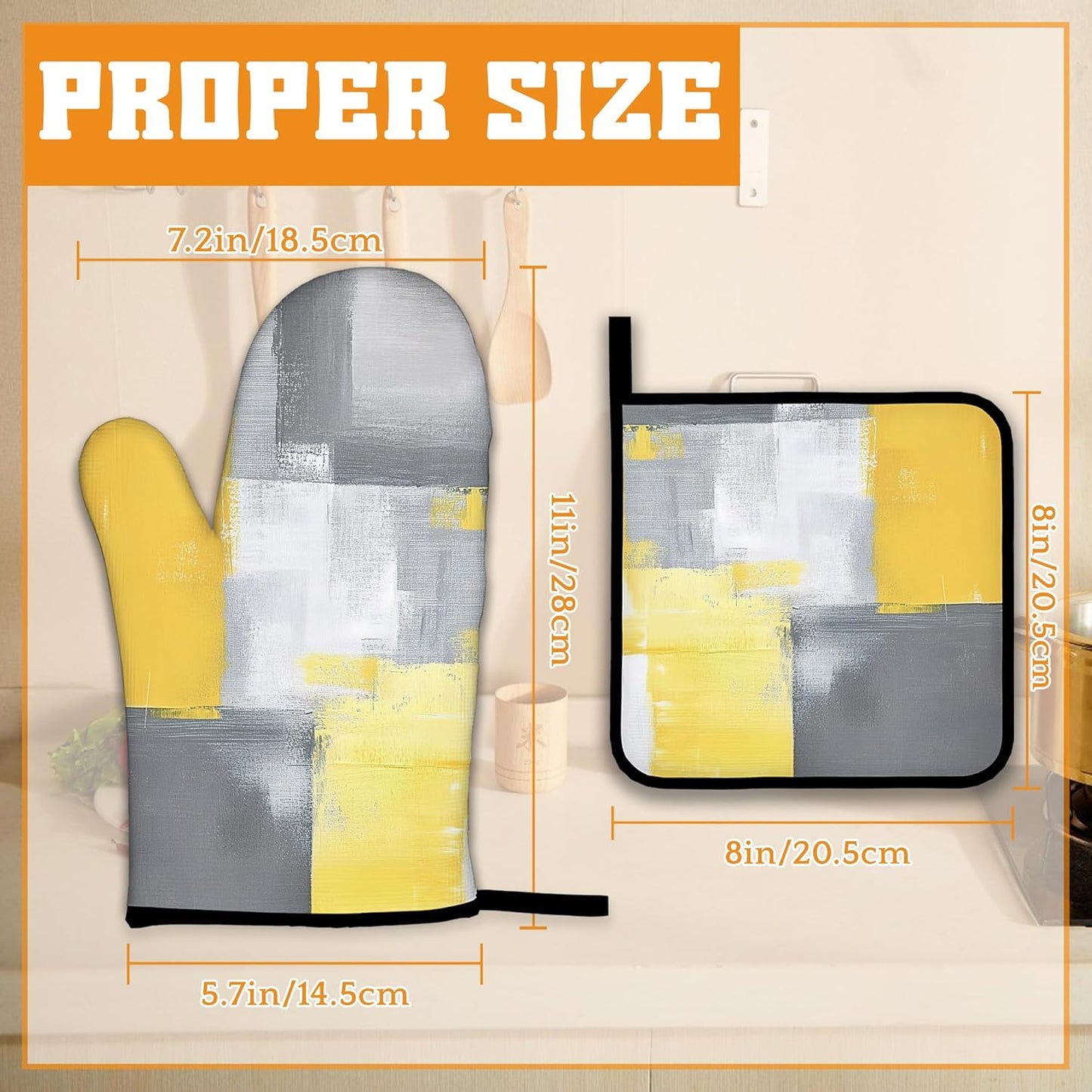 Yellow Gray Modern Art Oven Mitts and Pot Holders,Heat Resistant Oven Mitts Gloves and Pot Holder for Home Kitchen Decorations Cooking Baking BBQ Gifts,Set of 4
