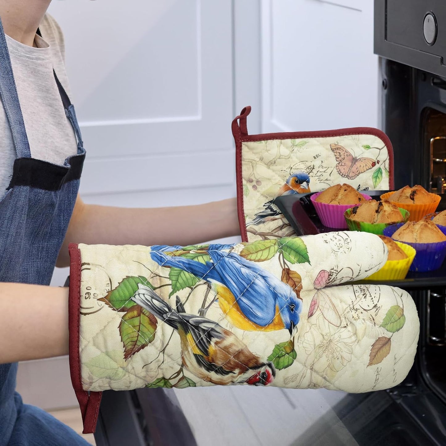 Vintage Bird Oven Mitts and Pot Holders Sets 4Pcs, 100% Cotton Heat Resistant, Extra Long Oven Gloves Potholder for Kitchen Cooking Baking Decoration