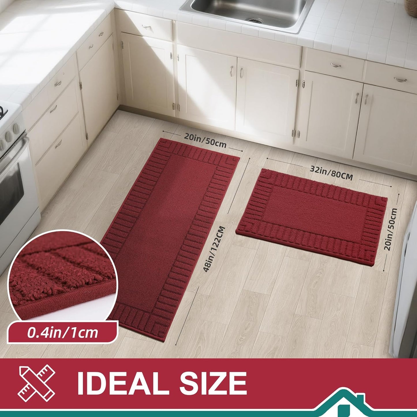 BEQHAUSE-Kitchen-Rugs-and-Mats [2PCS] Non Slip Kitchen Mats for Floor,Machine Washable Burgundy Red Kitchen Rugs,Polypropylene Kitchen Floor Mat with TPR Backing 20x30inch/20x48inch