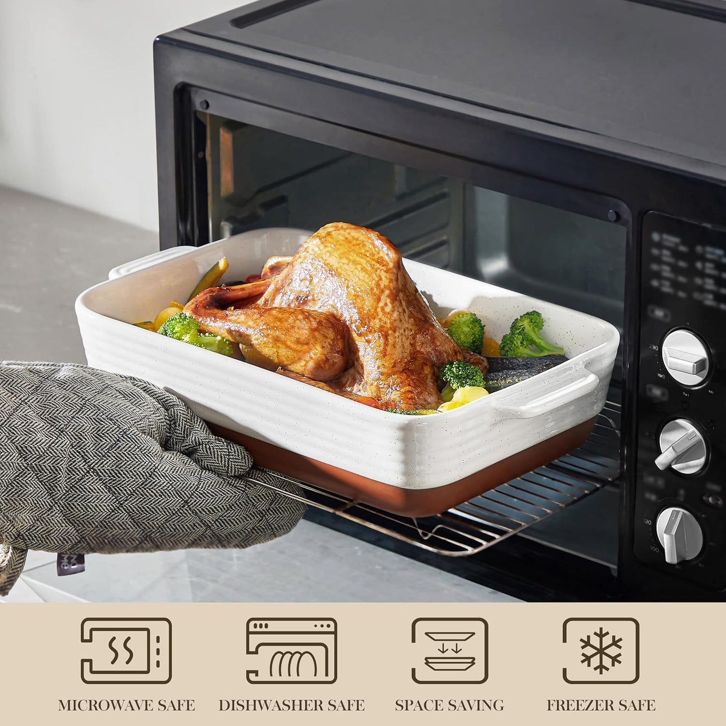 MALACASA Baking Dish 4.8 Qt Ceramic Casserole & Lasagna Pan, 9x13 Inch Deep Rectangular Oven Safe Dish with Handles for Baking, Roasting, Serving (Khaki & White) - Series Tara