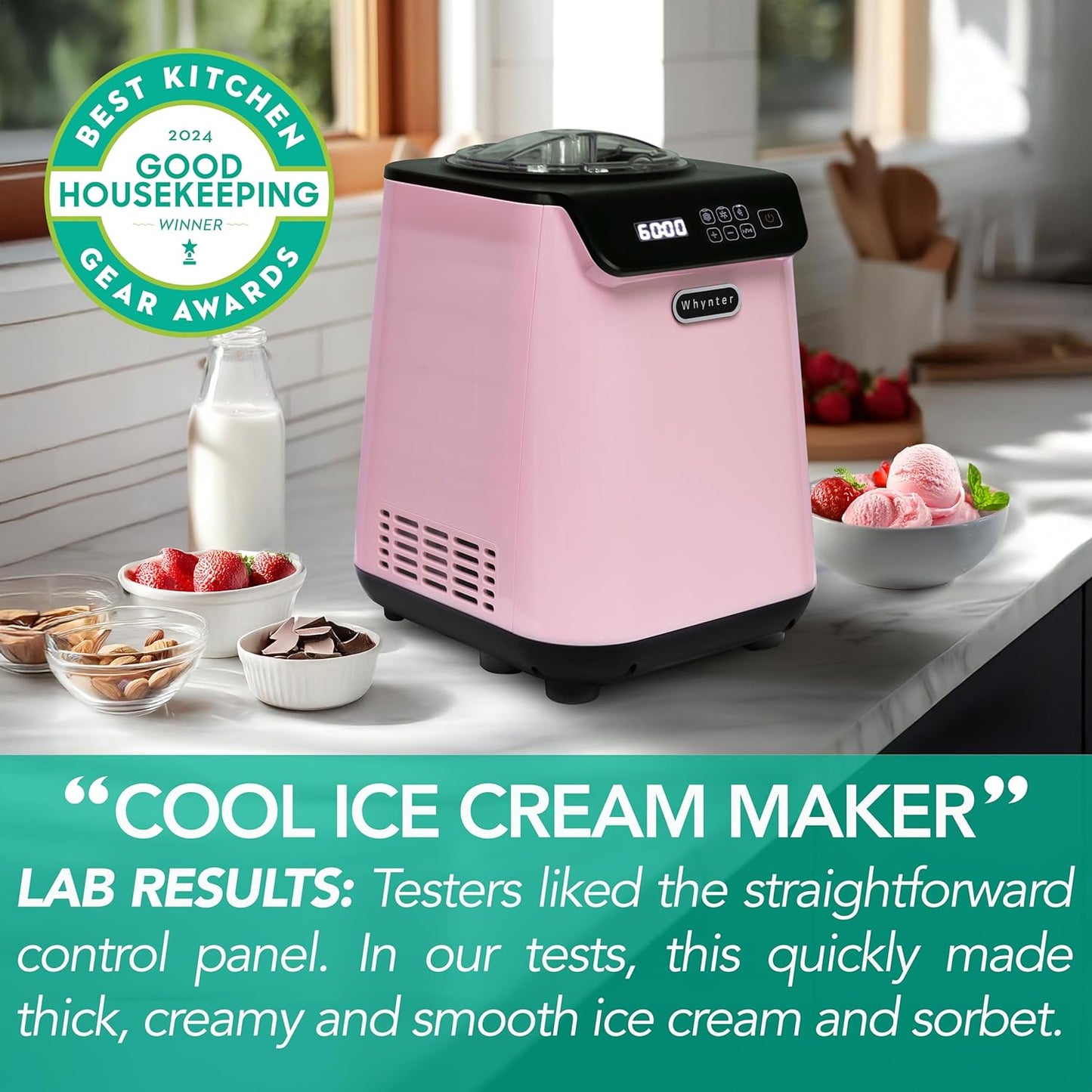 Whynter Ice Cream Maker Machine Automatic 1.28 Qt Upright with Built-In Compressor, LCD Digital Display & Timer, No Pre-Freezing, ICM-128BPS, Black/Pink