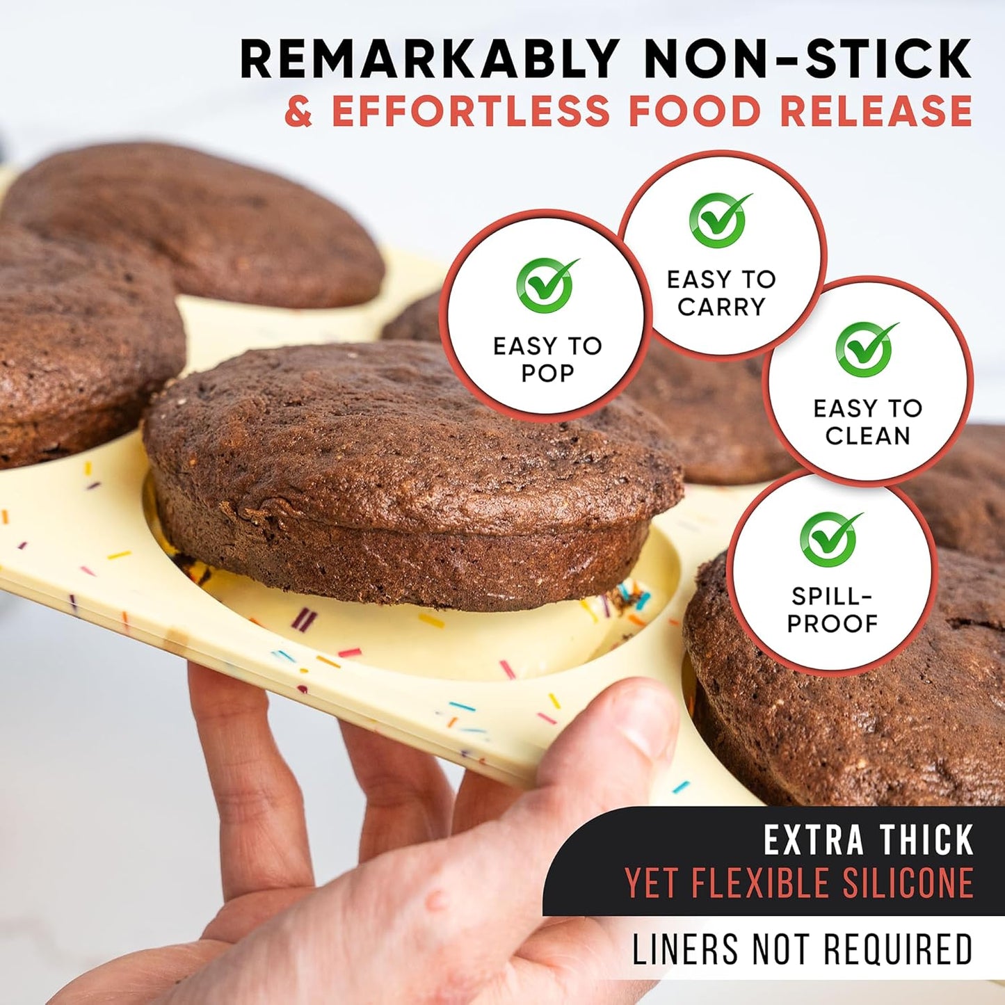 Jumbo Top Silicone Muffin Pans for Baking- 2 PACK Silicone Jumbo Muffin Pan 6 Cup -Baking Cupcake Pans, Make Perfect Muffin Top Pans Non Stick, Drop Cookies or Whoopie Pie Shells - CONFETTI