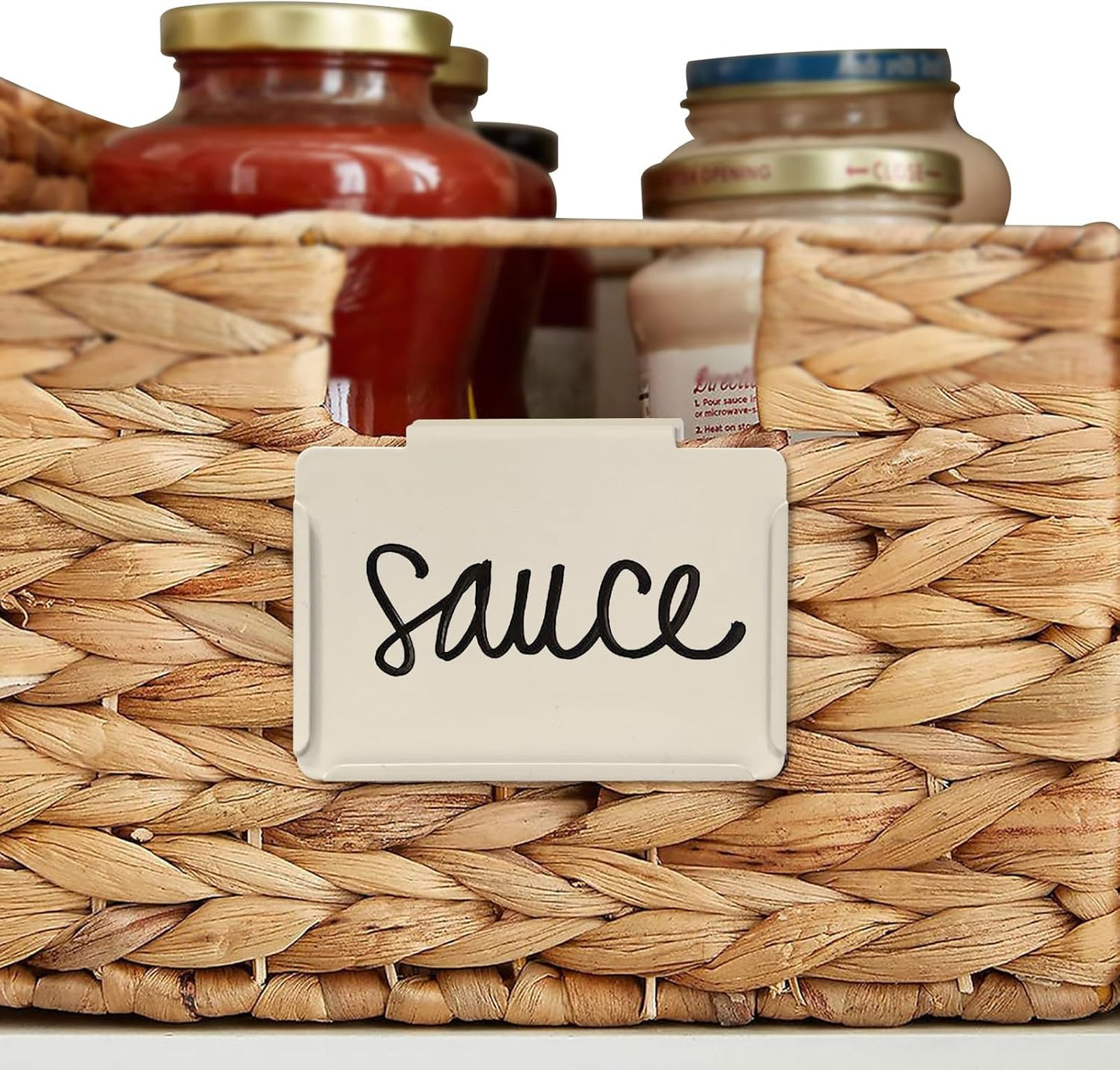 Basket Labels Clip on | Label Holders for Basket or Storage Bins Includes White Chalk Markers (18 Cream Holders + 4 Black Chalk Makers)