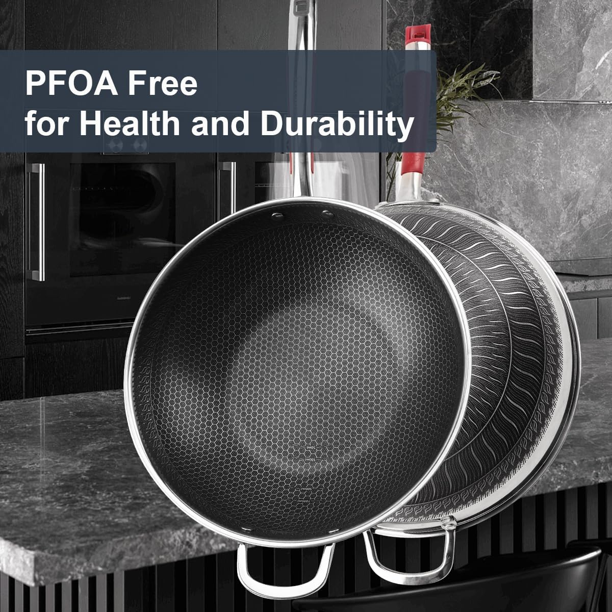 Tri-ply Stainless Steel Wok with Lid, 13.5'' PFOA Free Nonstick Stir Fry Pan, Induction Compatible, Dishwasher and Oven Safe, Scratch-resistant Surface