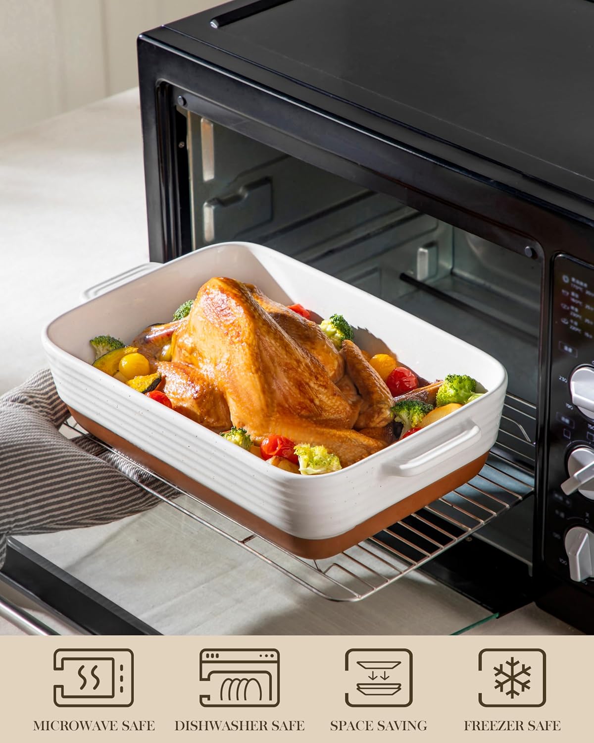 MALACASA Casserole Dishes for Oven, Ceramic Baking Dishes Set of 3, Baking Pan Casserole Dish Set, Rectangular Lasagna Pan Deep with Handles for Baking, Khaki White (14.5''/13''/10.5''), Series TARA