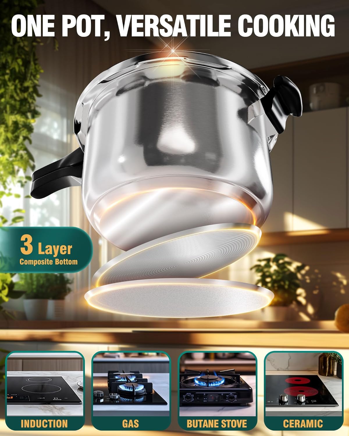 WantJoin Pressure Cooker, 8 Quart Stainless Steel Pressure Canner, Induction Compatible Cookware with Spring Valve Safeguard Devices,Compatible with Gas & Induction Cooker