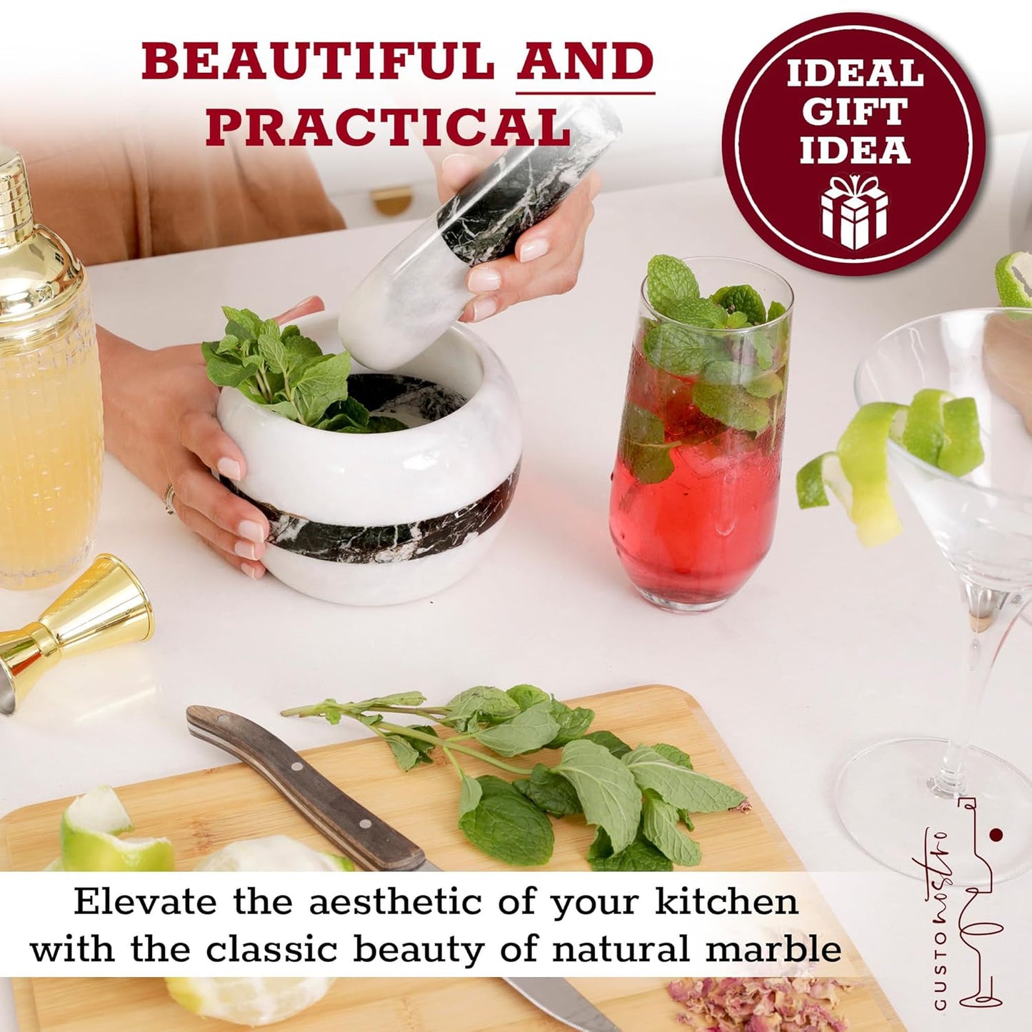 Gusto Nostro Natural Marble Mortar and Pestle Set | 6 Inch - 3.5 Cup Extra Large Mortar Pestle Set for Grinding Herbs, Nuts, Grains | Pesto Grinding and Guacamole Stone Bowl | Marble Spice Crusher