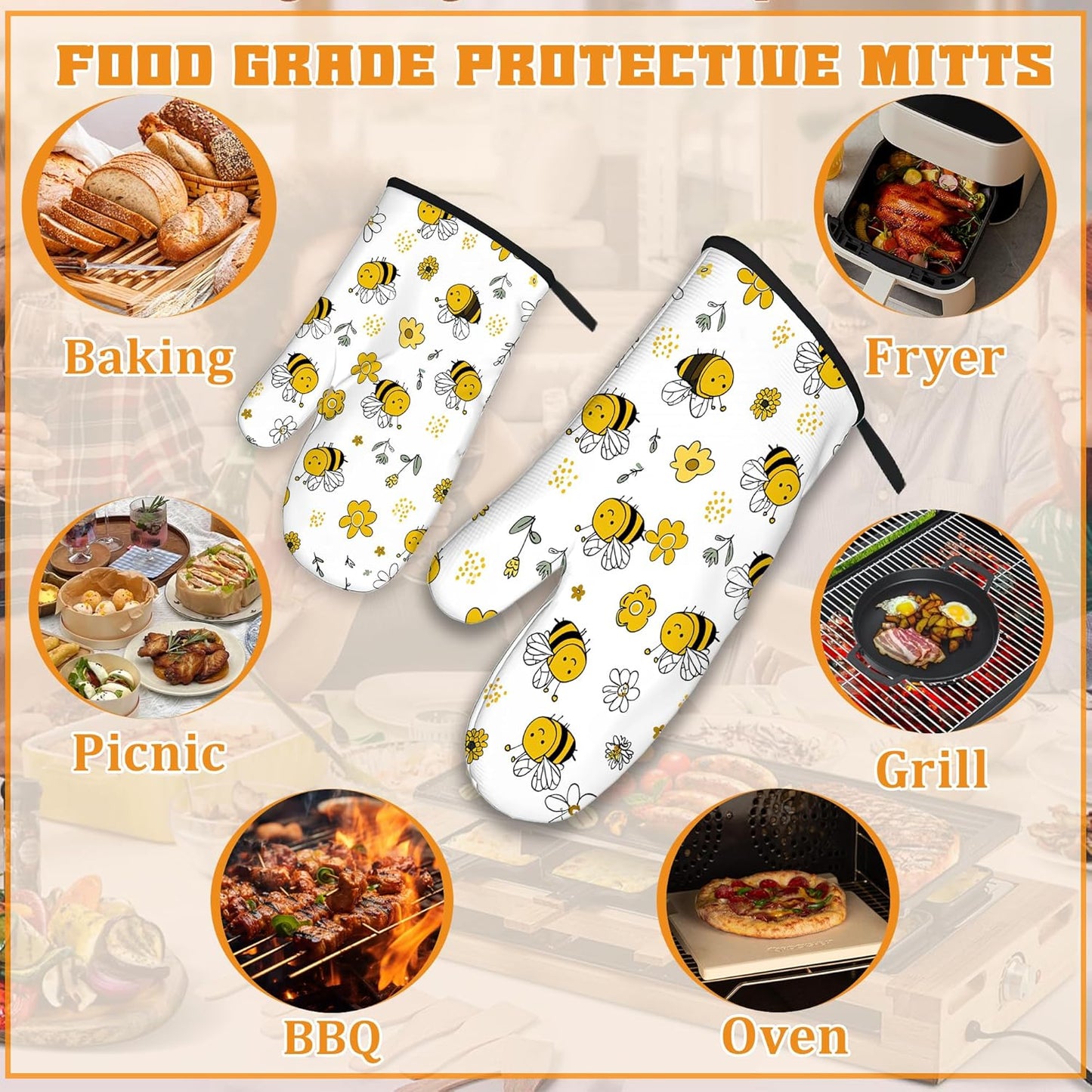 Cute Bee Oven Mitts and Pot Holders,Flower Heat Resistant Oven Mitts Gloves and Pot Holder for Home Kitchen Decorations Cooking Baking BBQ Gifts,Set of 4