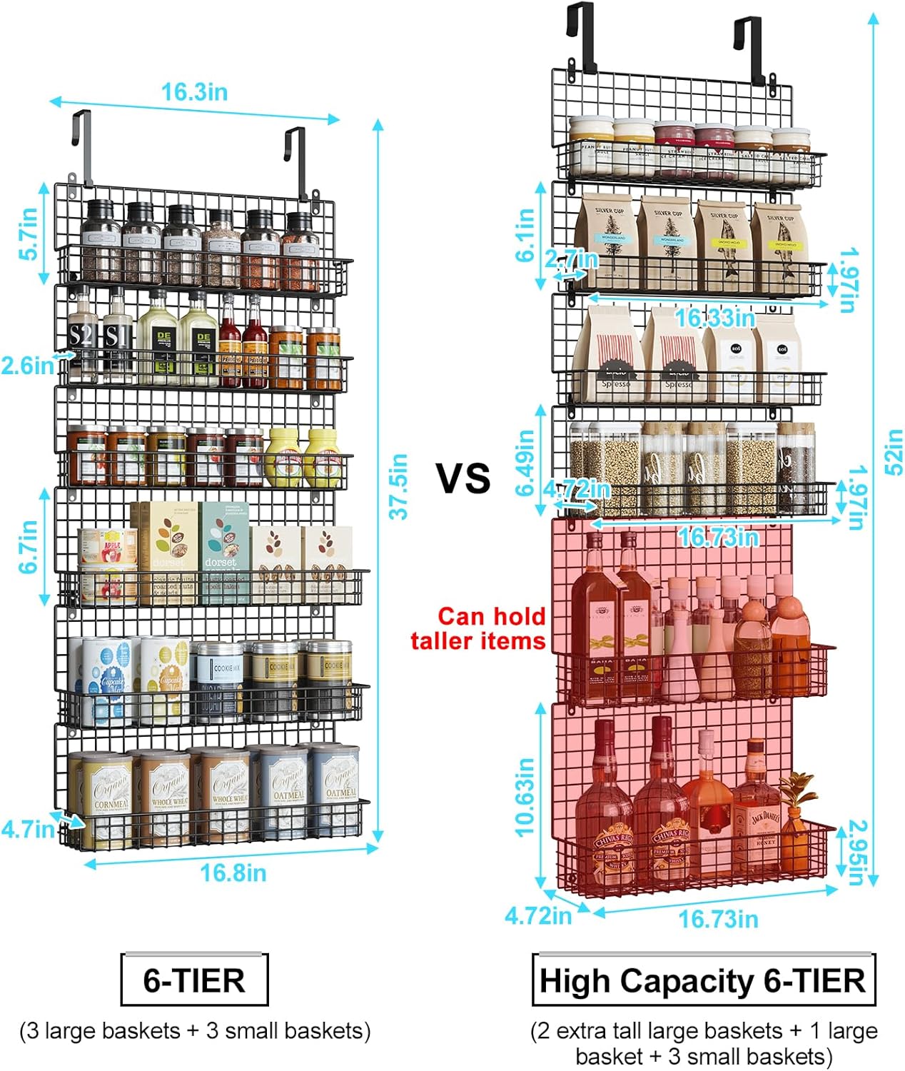 JKsmart High Capacity 6-Tier Spice Rack Organizer with Door Hook, Wall-Mounted & Over-the-Door for Kitchen Pantry Cabinet - Black