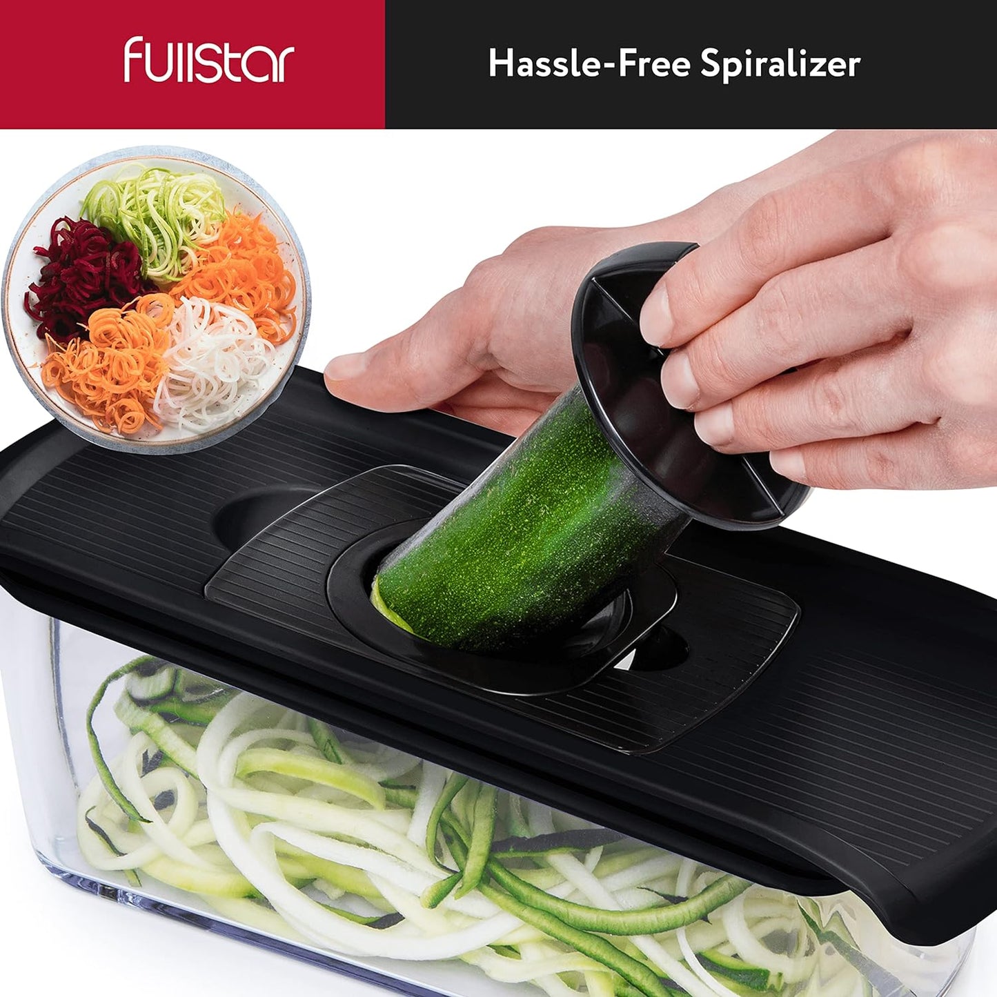 Fullstar Mandoline Slicer for Kitchen, Fruit Cutter, Cheese Grater, Cucumber Slicer, Veggie Spiralizer, Food Cutter & Kitchen Gadgets with Safety Glove (6 in 1, Black)