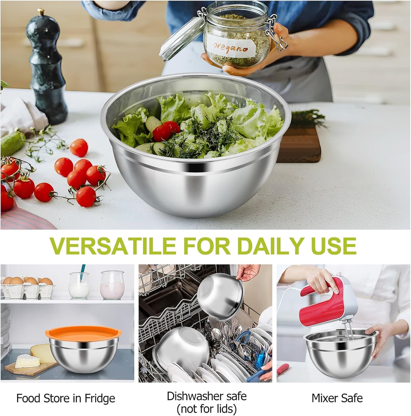 TeamFar Mixing Bowls, Stainless Steel Nesting Salad Bowls with Airtight Lids Set, For Serving/Mixing/Storing, Healthy & Long-lasting, Dishwasher Safe & Easy Clean, 4.6/3 / 1.5 QT, Colorful