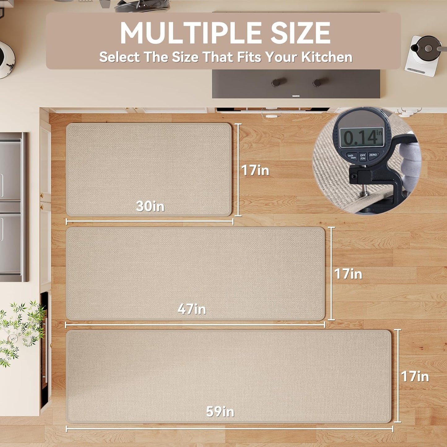 Kitchen Rugs and Mats Non Slip Washable, Absorbent Runner Rugs for Kitchen, Front of Sink, Kitchen Mats for Floor，Easy to Clean and Maintain Kitchen Floor mat(Beige, 17"x59")