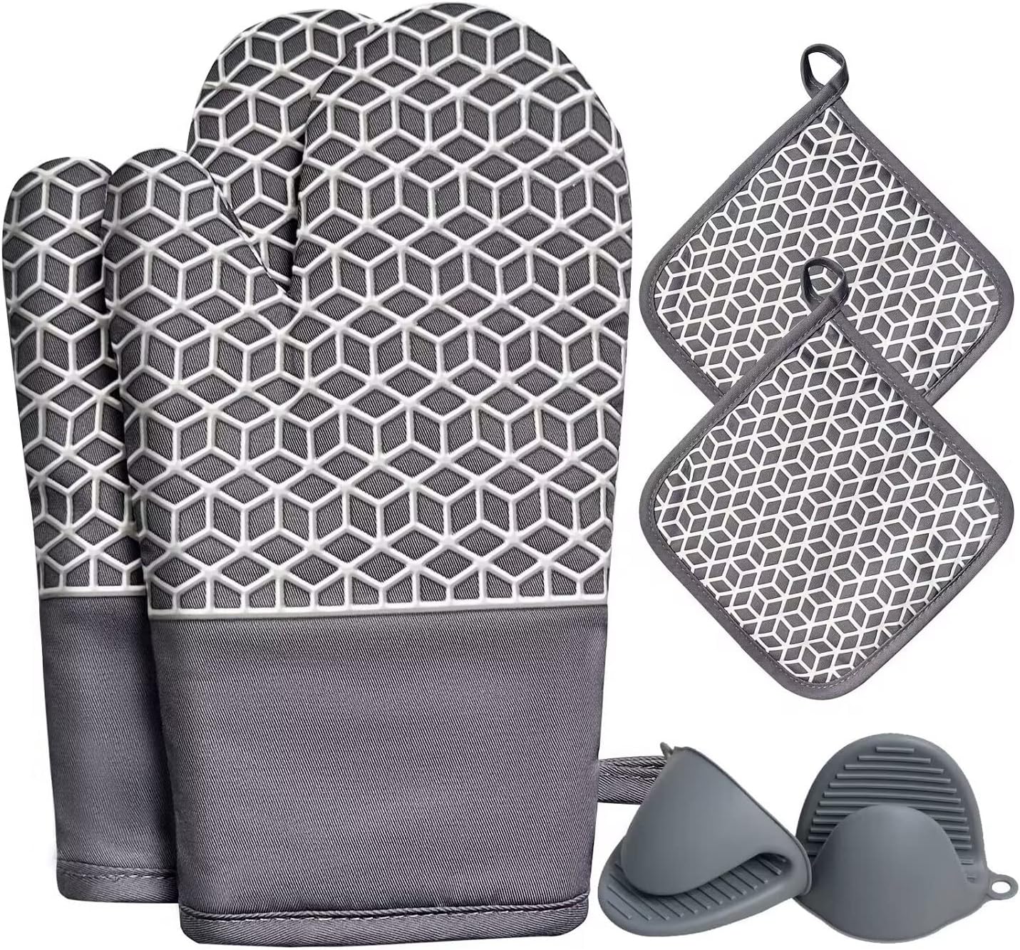 Oven Mitts and Pot Holders Sets 6pcs, Thick Cotton Oven Gloves High Heat Resistant 500℉with Extra Long Oven Mitts and Hot Pads Potholders with Non-Slip Silicone Surface for Cooking Baking