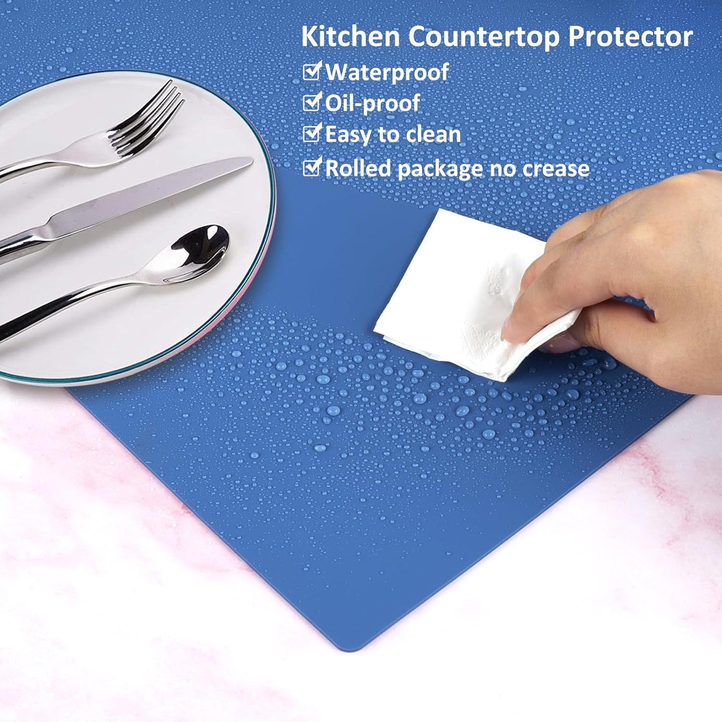 Silicone Mats for Kitchen Counter, Nonslip Silicone Mats for Crafts Countertop Protector Heat Resistant Mat (78.7” x 24” x 0.08”, Light Blue)